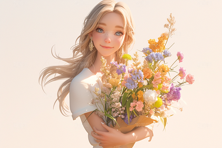 手捧鲜花的少女烂漫3D素材