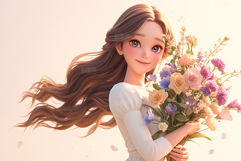 手捧鲜花的少女3D人物素材