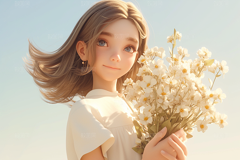 手捧鲜花的少女模型人物素材
