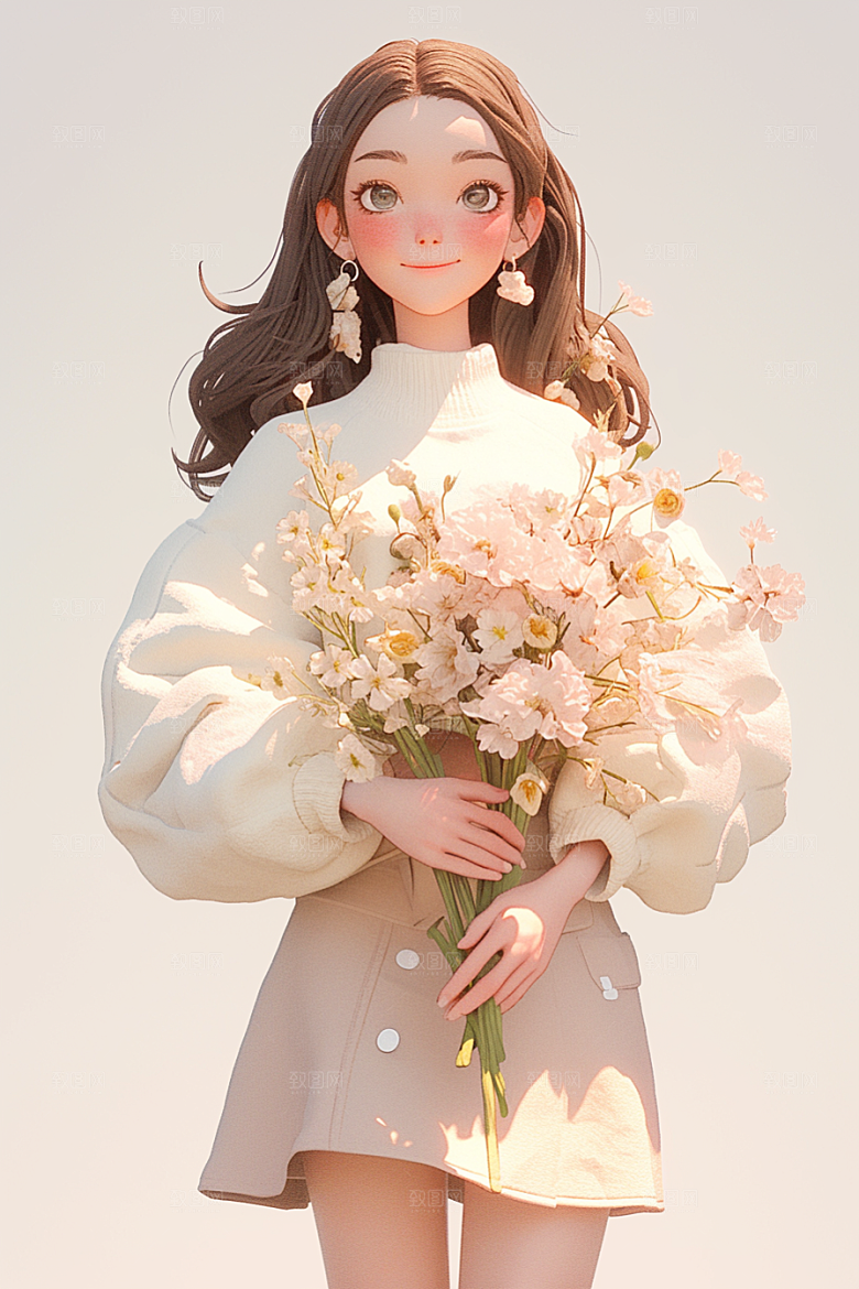 手捧鲜花的少女清新立体素材