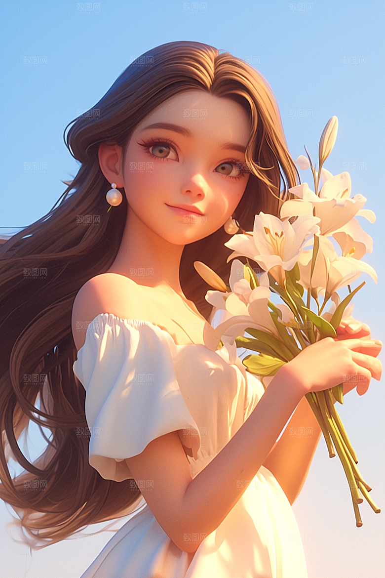手捧鲜花的少女自然春天素材