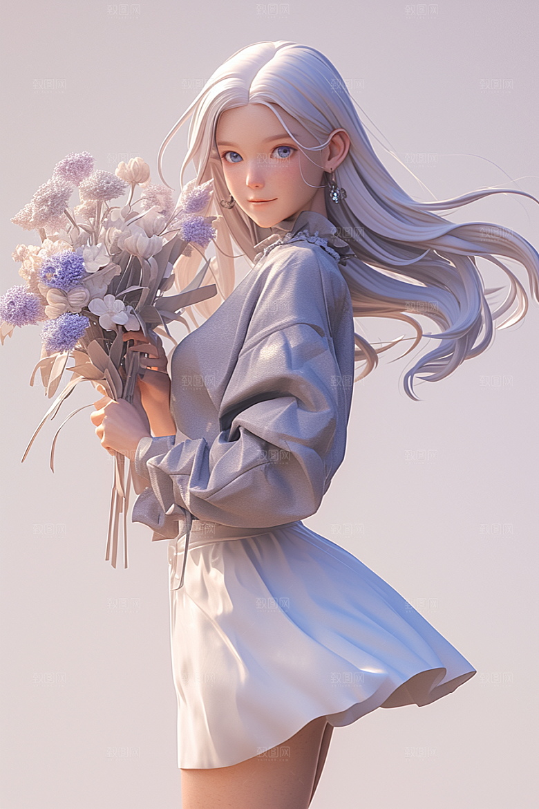 手捧鲜花的少女人物烂漫素材