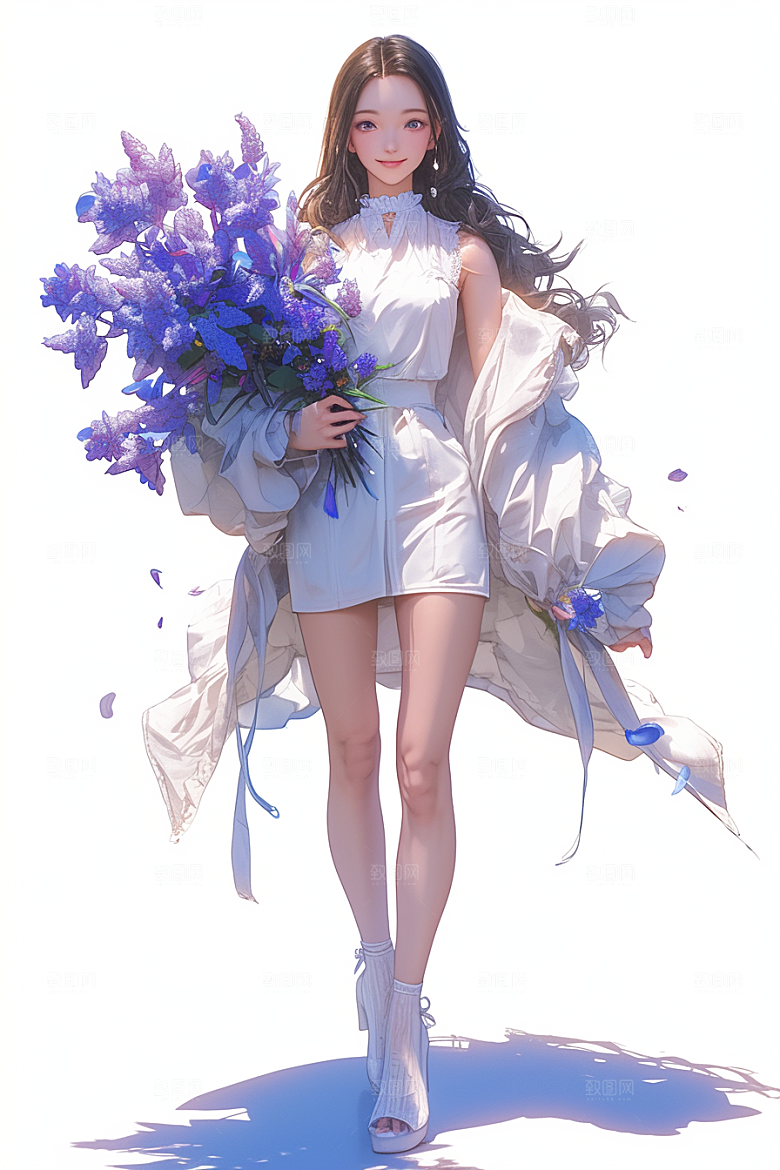手捧鲜花的少女清新自然素材
