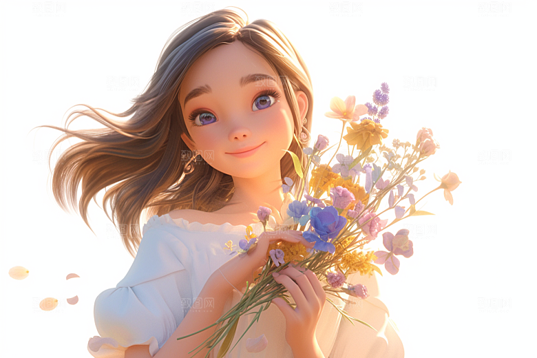 手捧鲜花的少女3D青春素材