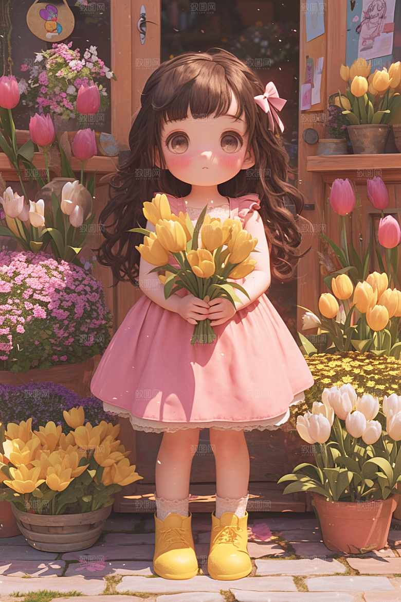 手捧鲜花的少女3D烂漫素材