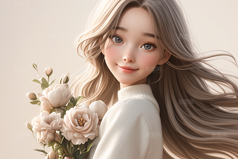 手捧鲜花的少女模型3D素材