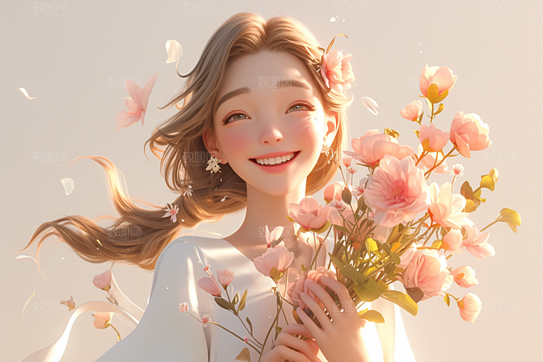 手捧鲜花的少女唯美自然素材