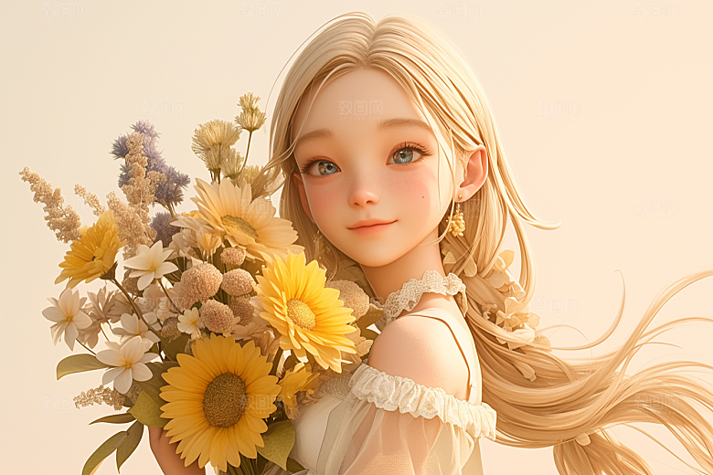 手捧鲜花的少女花朵人物素材