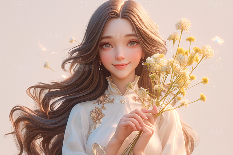 手捧鲜花的少女立体自然素材