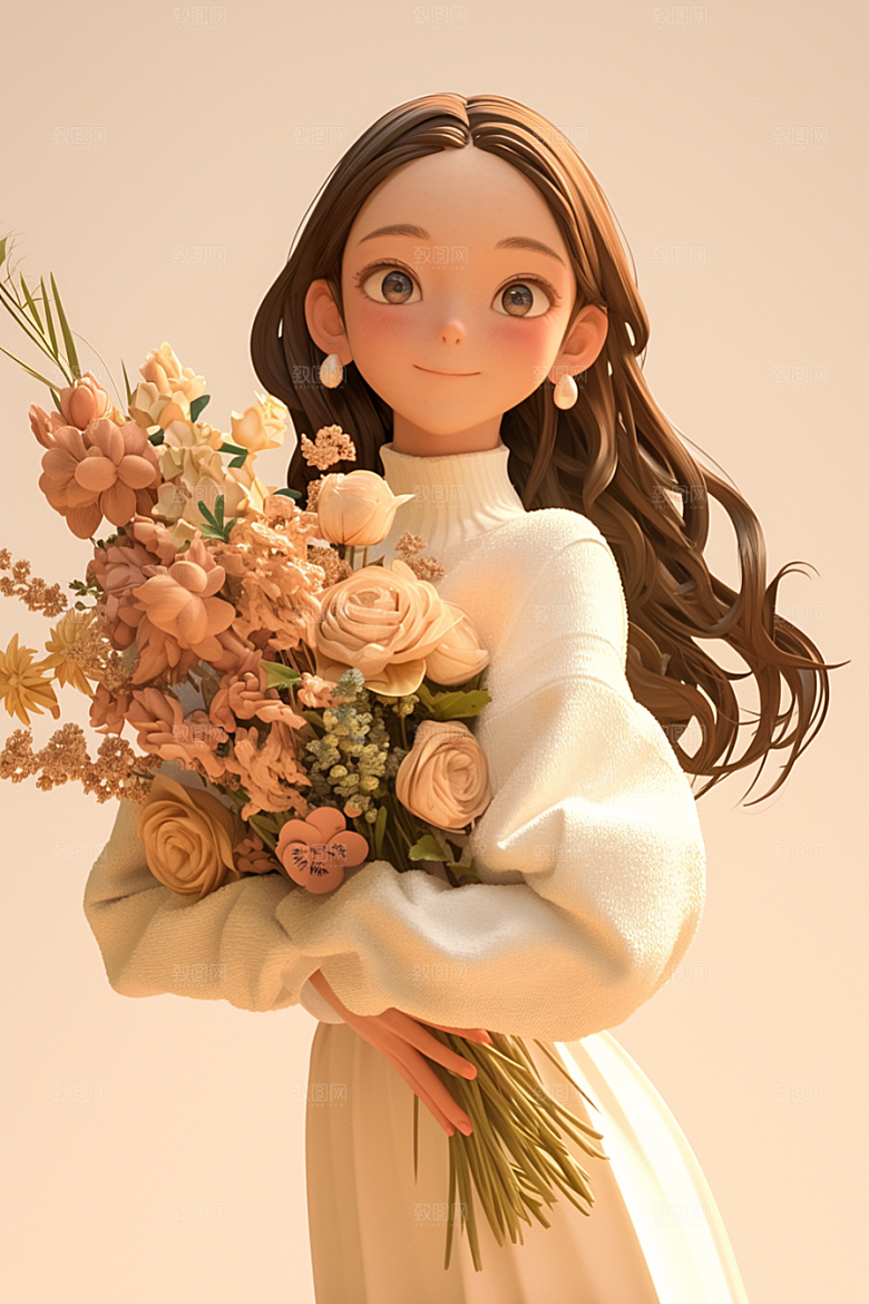 手捧鲜花的少女清新青春素材