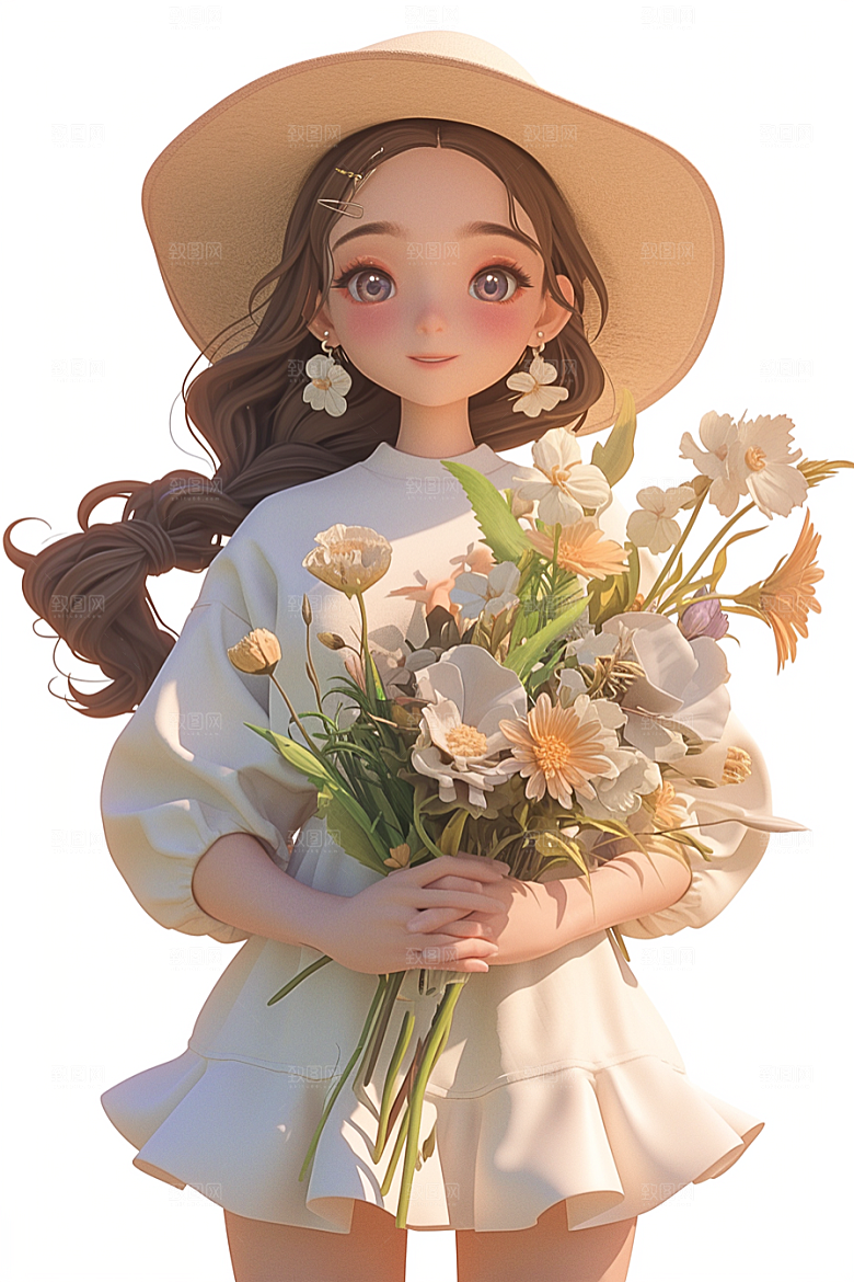 手捧鲜花的少女立体自然素材