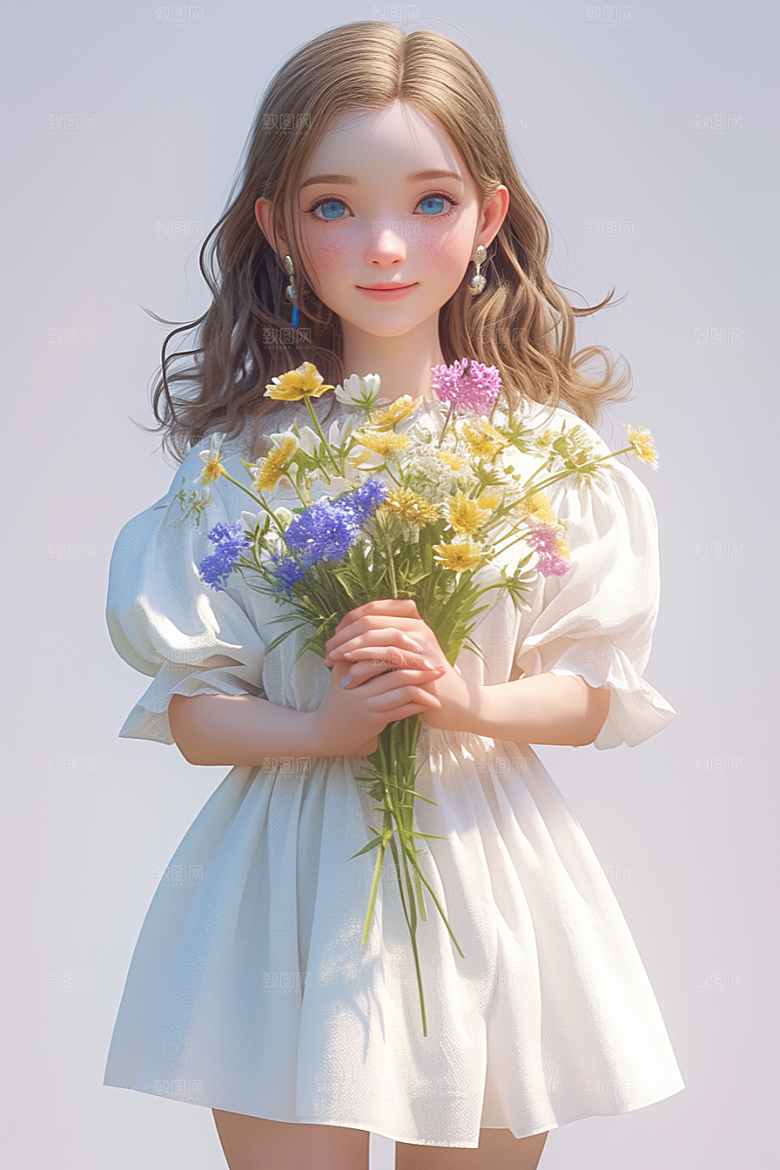 手捧鲜花的少女花朵3D素材