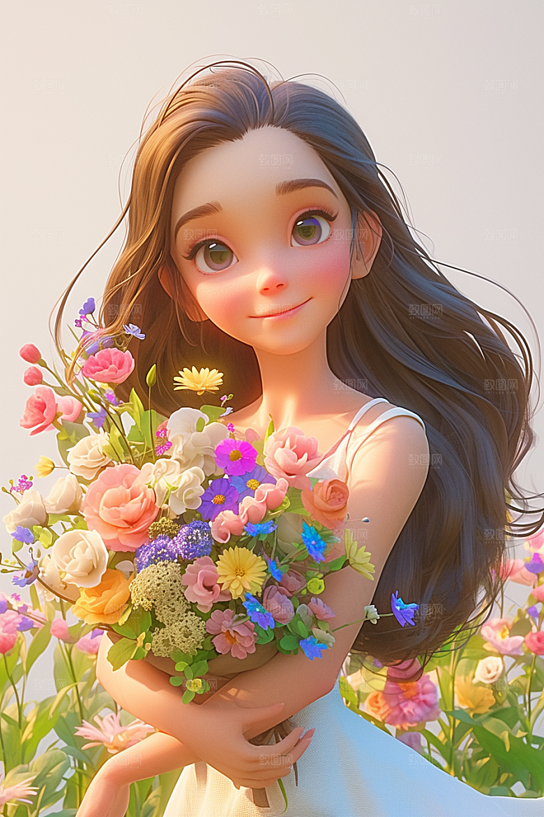 手捧鲜花的少女唯美梦幻素材