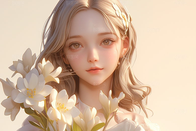 手捧鲜花的少女清新模型素材