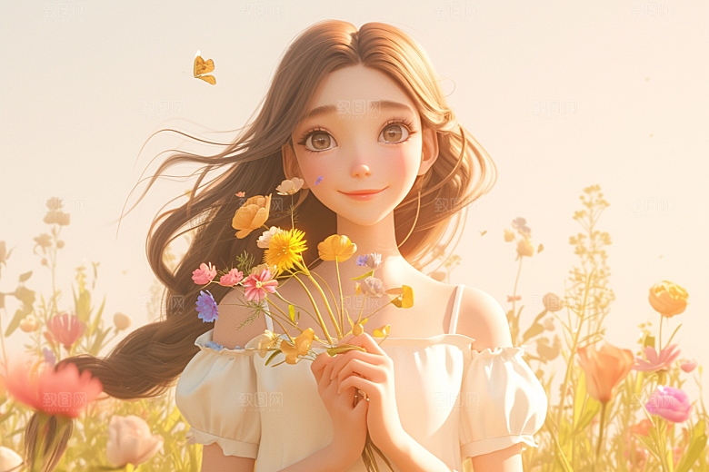 手捧鲜花的少女3D清新素材