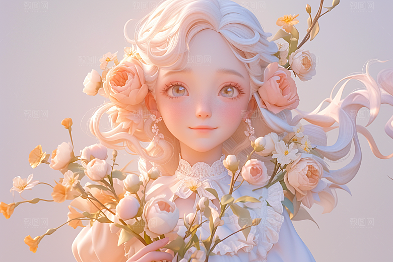 手捧鲜花的少女青春烂漫素材