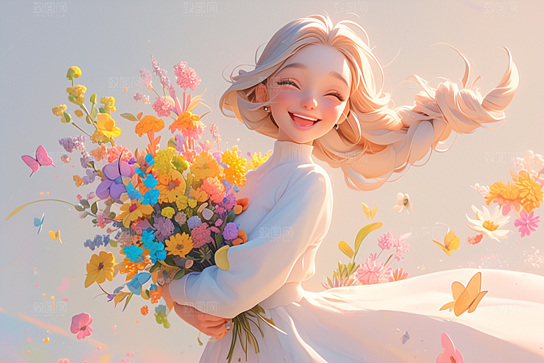 手捧鲜花的少女烂漫3D素材