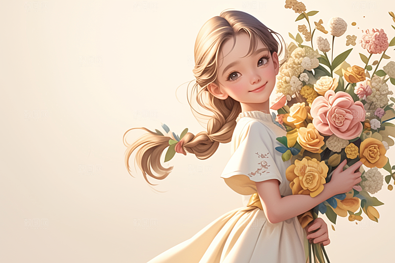 手捧鲜花的少女花朵梦幻素材