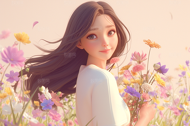 手捧鲜花的少女立体唯美素材