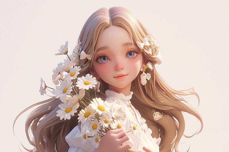 手捧鲜花的少女清新肖像素材