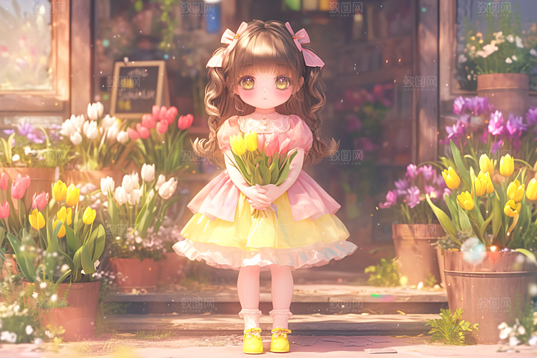 手捧鲜花的少女梦幻人物素材