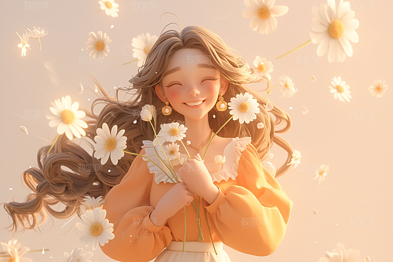 手捧鲜花的少女唯美春天素材