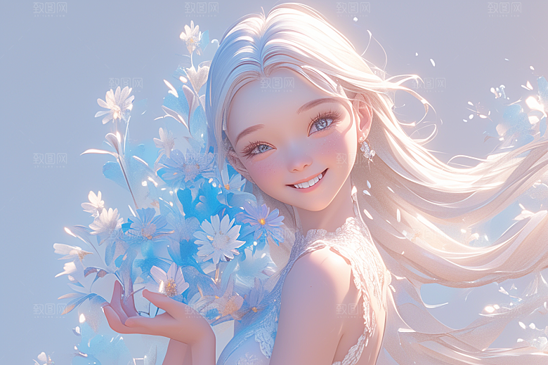 手捧鲜花的少女花朵肖像素材