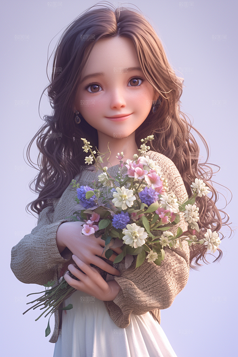 手捧鲜花的少女肖像模型素材