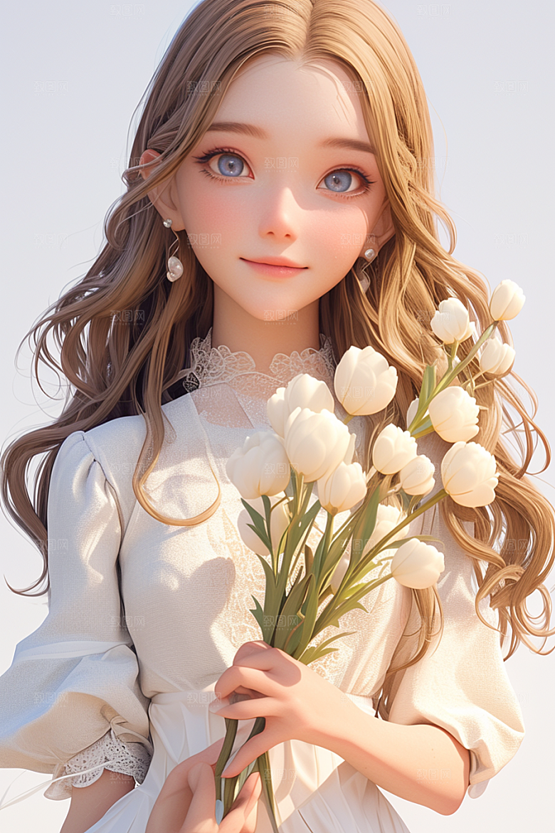 手捧鲜花的少女花朵春天素材