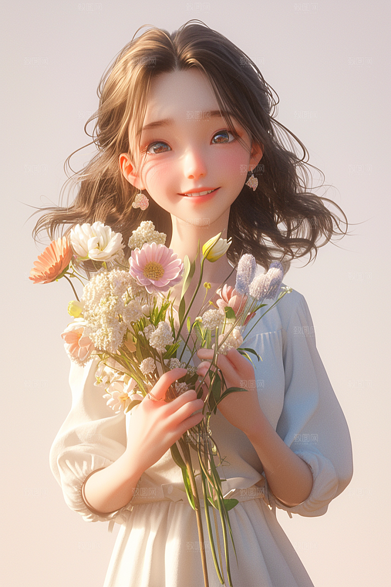 手捧鲜花的少女肖像青春素材
