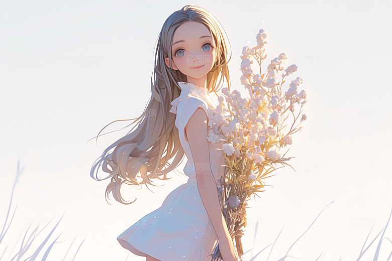 手捧鲜花的少女唯美飞舞的裙摆素材