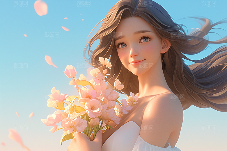 手捧鲜花的少女3D飞舞的裙摆素材