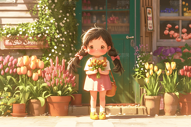 手捧鲜花的少女唯美模型素材