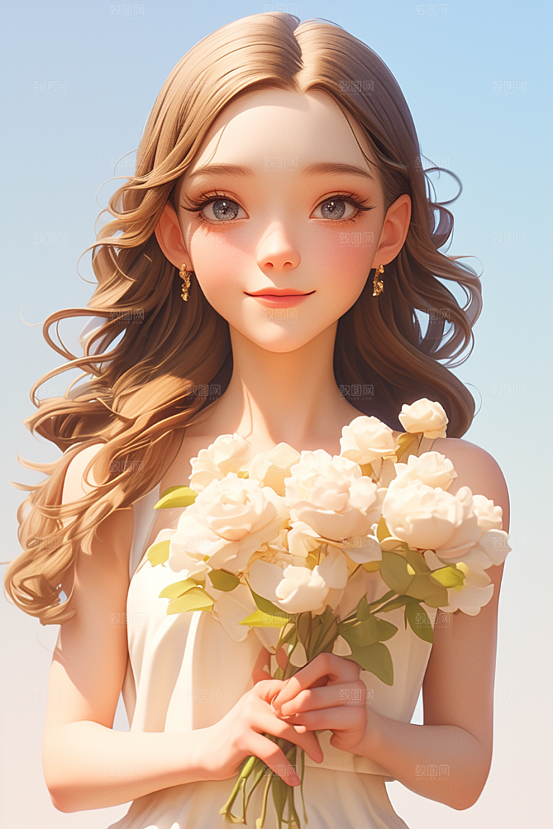 手捧鲜花的少女肖像春天素材