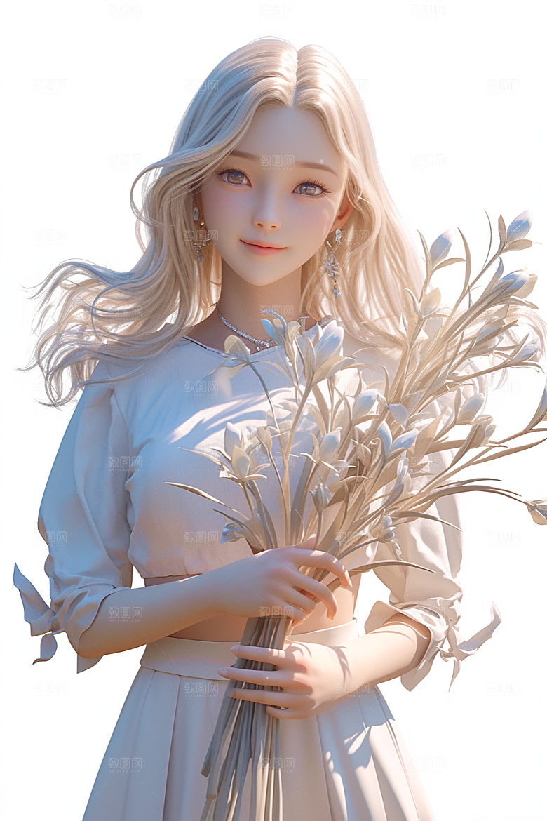 手捧鲜花的少女青春飞舞的裙摆素材
