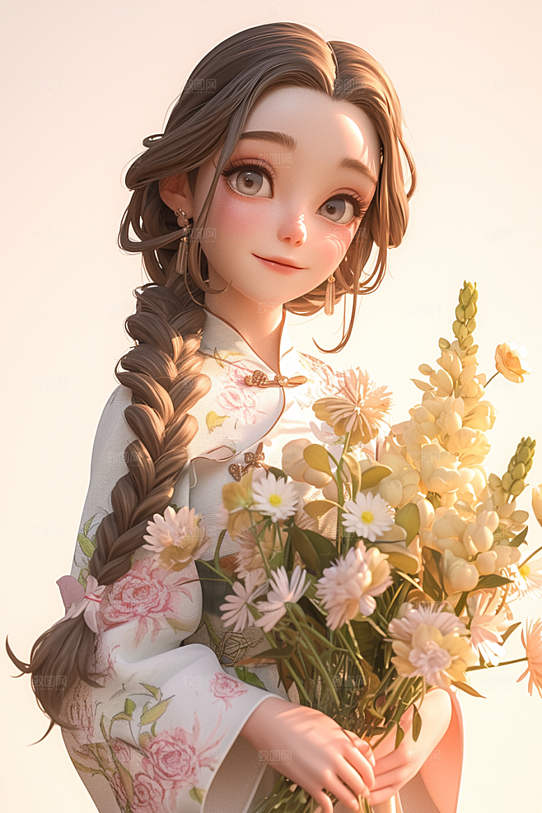 手捧鲜花的少女烂漫人物素材