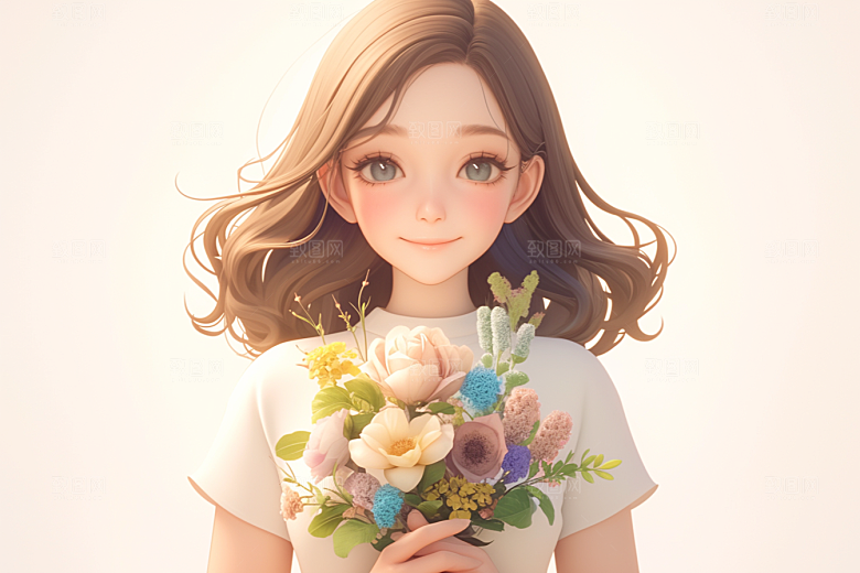 手捧鲜花的少女青春模型素材
