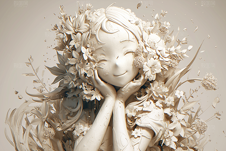 手捧鲜花的少女春天花朵素材