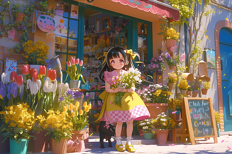 手捧鲜花的少女青春花朵素材