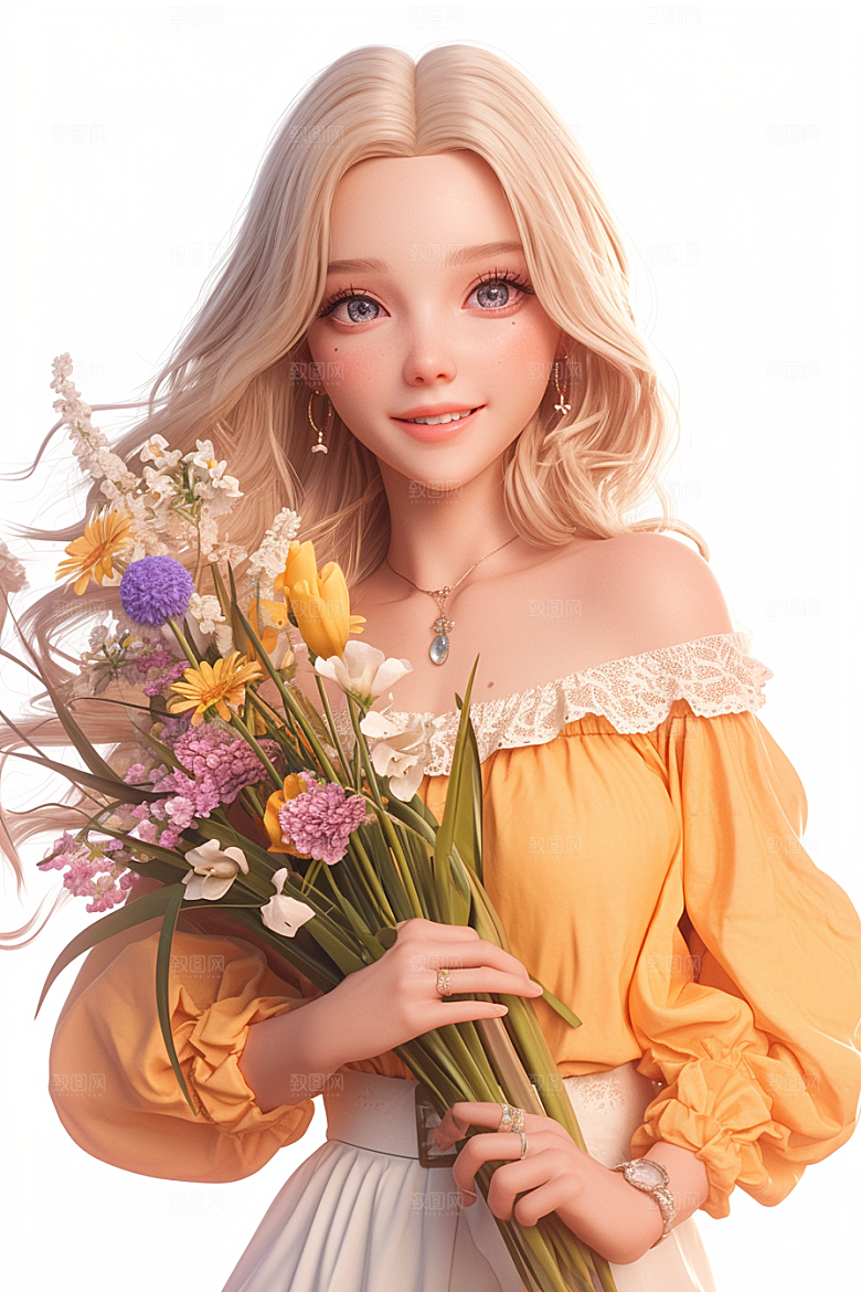 手捧鲜花的少女青春飞舞的裙摆素材