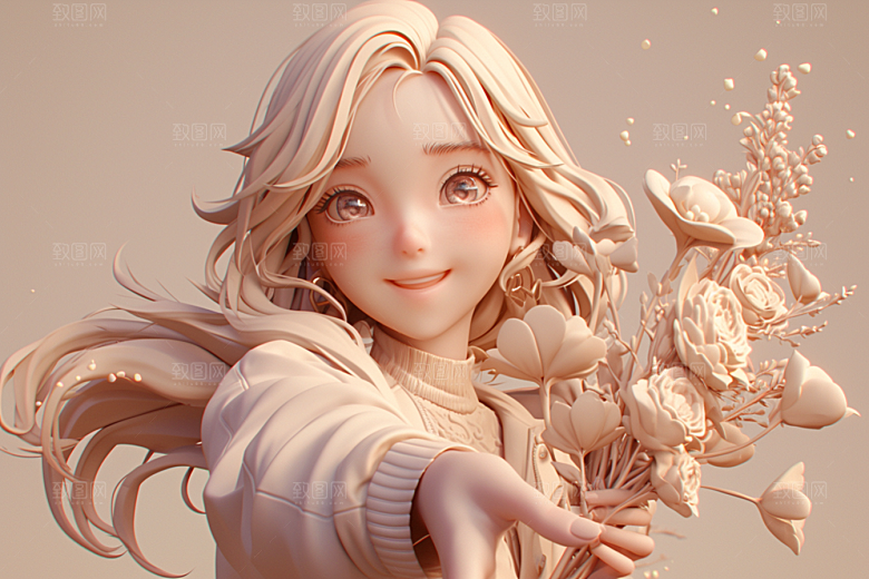 手捧鲜花的少女春天飞舞的裙摆素材