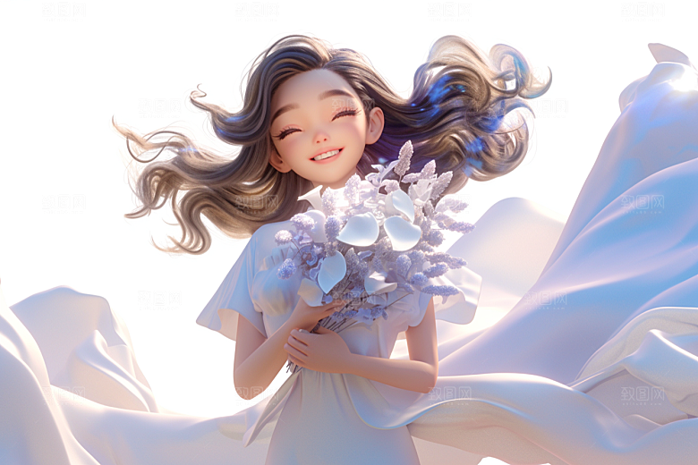 手捧鲜花的少女肖像春天素材