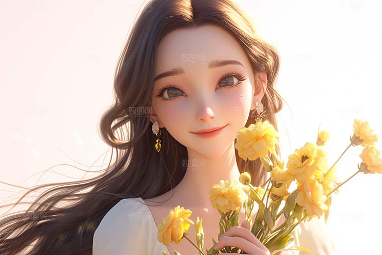 手捧鲜花的少女3D梦幻素材