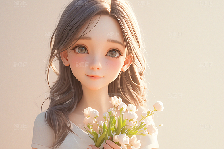 手捧鲜花的少女花朵唯美素材