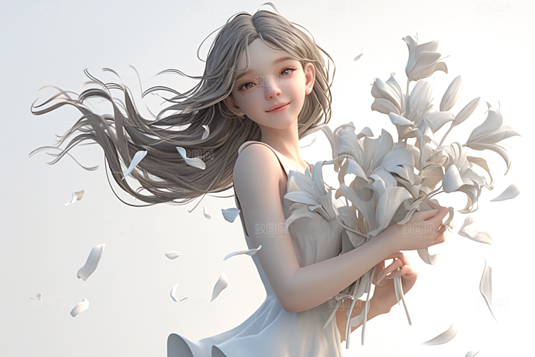 手捧鲜花的少女清新梦幻素材
