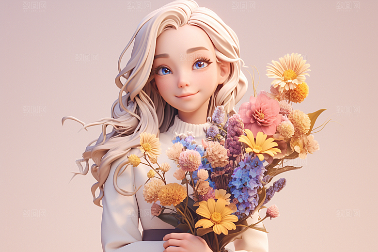 手捧鲜花的少女花朵肖像素材