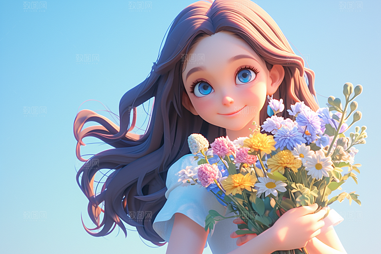 手捧鲜花的少女3D立体素材