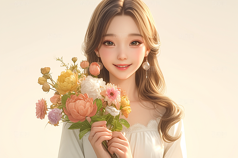 手捧鲜花的少女唯美飞舞的裙摆素材