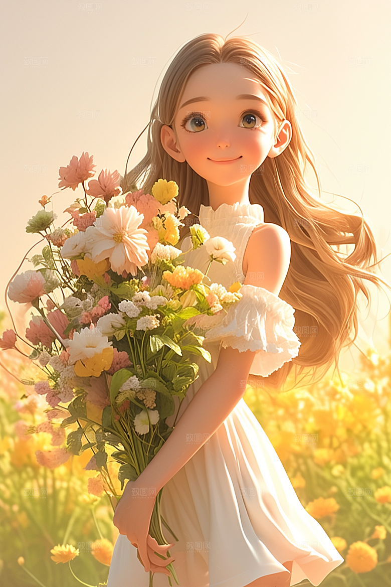 手捧鲜花的少女梦幻人物素材