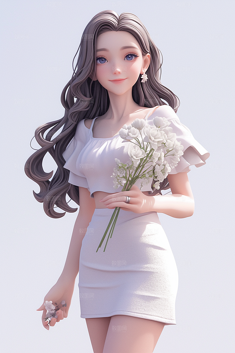 手捧鲜花的少女唯美3D素材